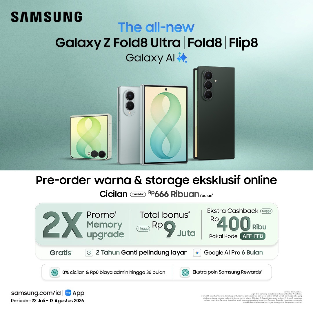 Pre-order Galaxy Z Fold 8 & hemat Rp2.000.000 + diskon tambahan 1% dengan kode kupon.